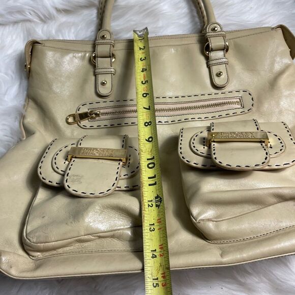 Badgley Mischka leather Beige extra large Satchel gold tone& brown stitch accent - Picture 12 of 16